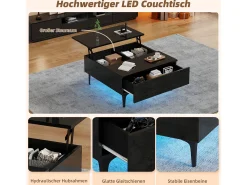Outlet Merax Mesa de centro ajustável - 70 x 70 x 35 cm - com 1 gaveta + prateleiras ocultas + LEDs - MDF - Preto