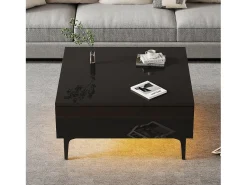 Outlet Merax Mesa de centro ajustável - 70 x 70 x 35 cm - com 1 gaveta + prateleiras ocultas + LEDs - MDF - Preto
