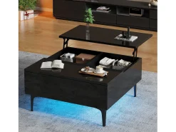 Outlet Merax Mesa de centro ajustável - 70 x 70 x 35 cm - com 1 gaveta + prateleiras ocultas + LEDs - MDF - Preto