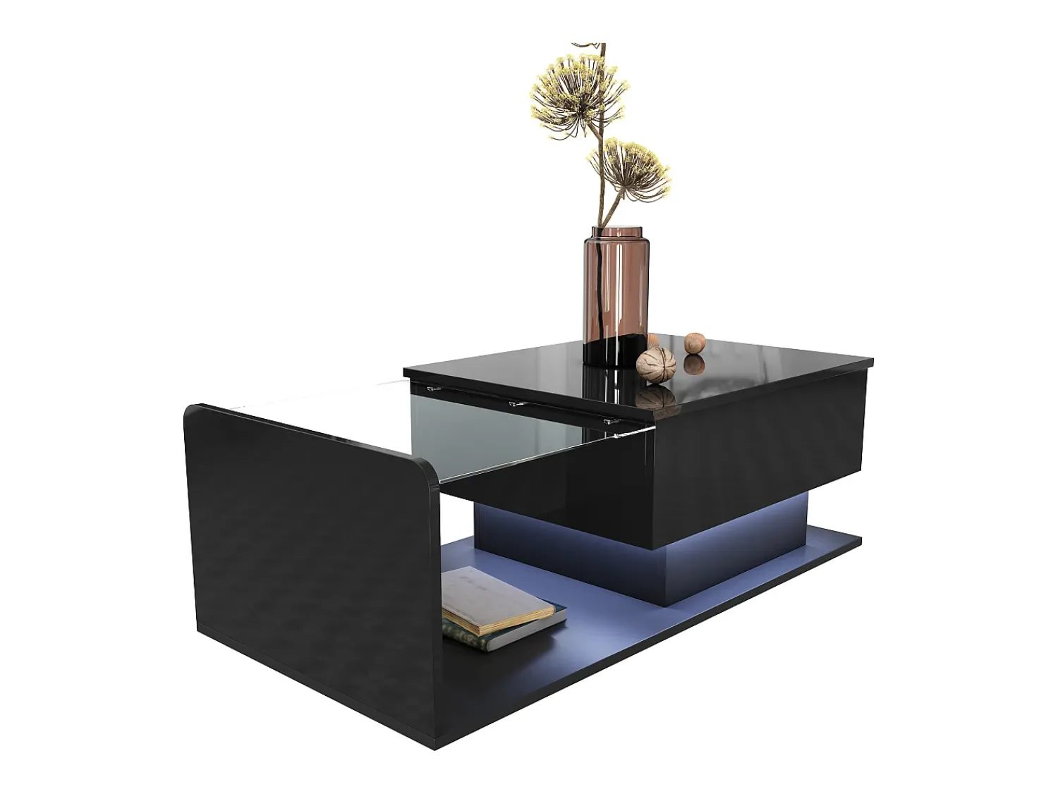 Online ModernLuxe Mesa de centro ajustável alto brilho 100×50×47,5 cm - Tampo de vidro - Iluminação LED - Painéis de partículas - Preto