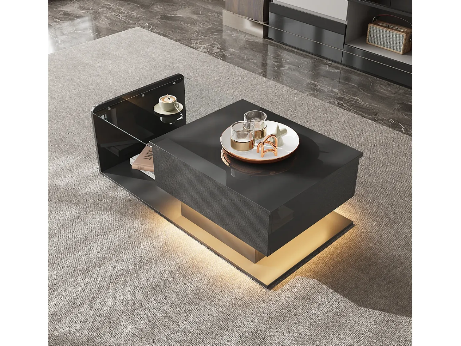 Online ModernLuxe Mesa de centro ajustável alto brilho 100×50×47,5 cm - Tampo de vidro - Iluminação LED - Painéis de partículas - Preto