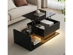 Online ModernLuxe Mesa de centro ajustável alto brilho 100×50×47,5 cm - Tampo de vidro - Iluminação LED - Painéis de partículas - Preto