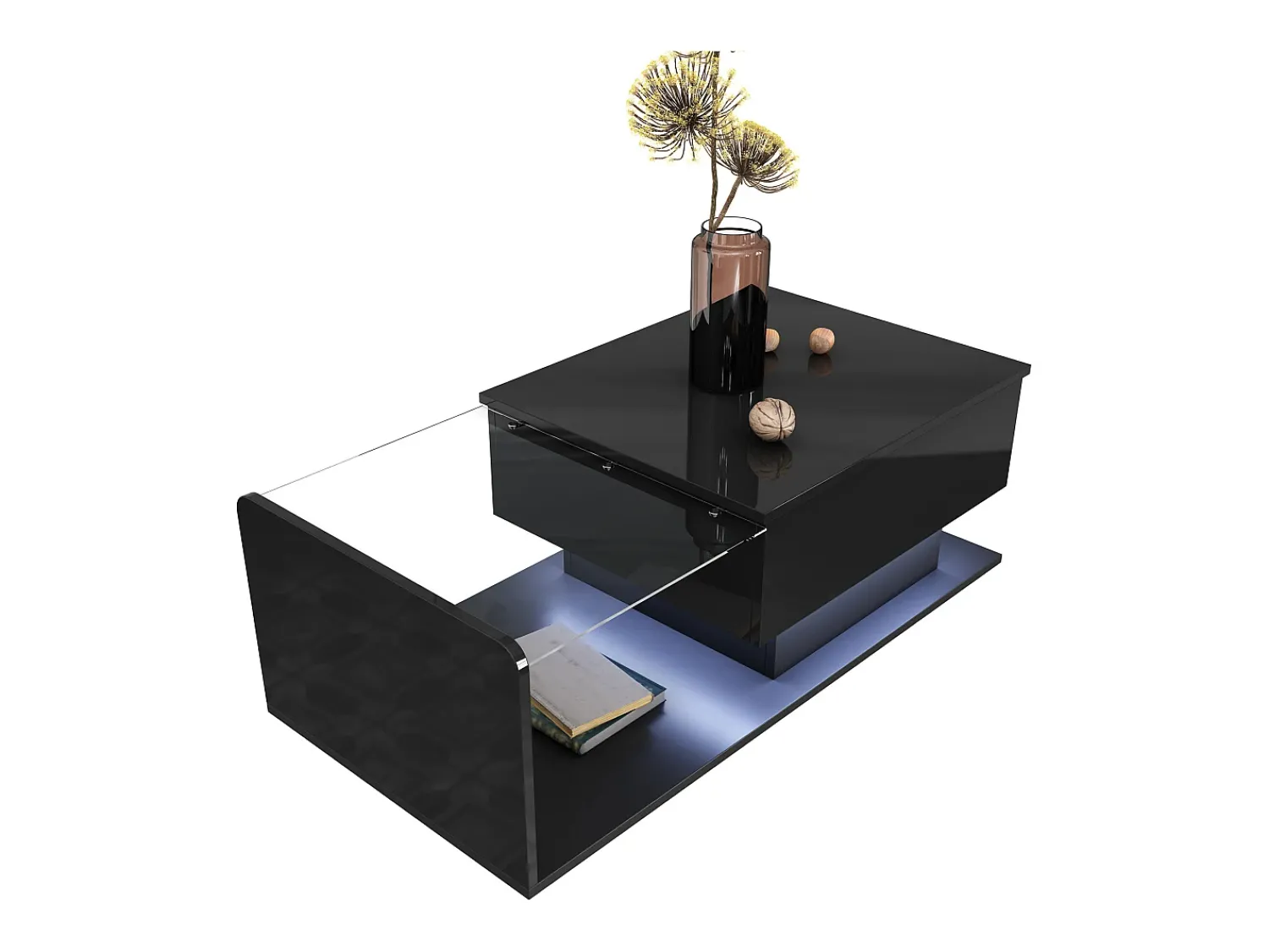 Online ModernLuxe Mesa de centro ajustável alto brilho 100×50×47,5 cm - Tampo de vidro - Iluminação LED - Painéis de partículas - Preto