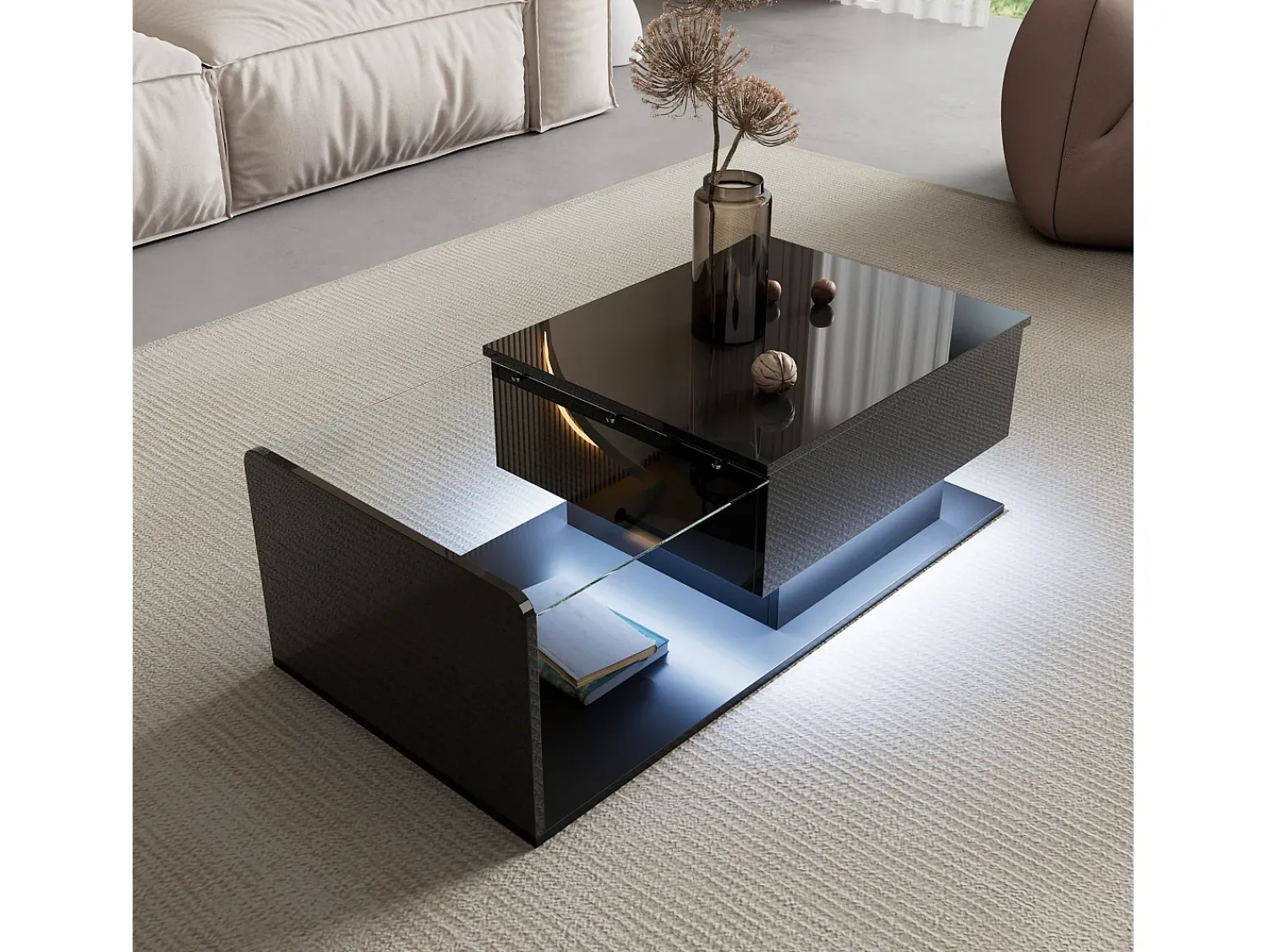 Online ModernLuxe Mesa de centro ajustável alto brilho 100×50×47,5 cm - Tampo de vidro - Iluminação LED - Painéis de partículas - Preto