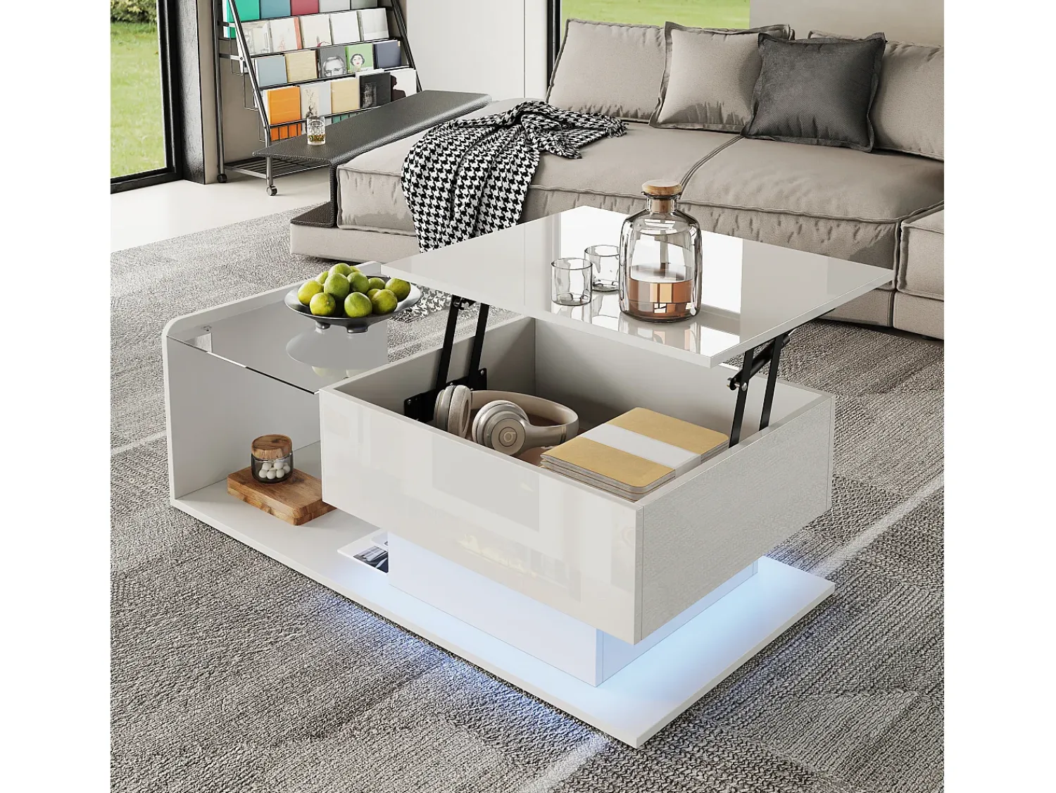 ModernLuxe Mesa de centro ajustável alto brilho 100×50×47,5 cm - Tampo de vidro - Iluminação LED - Painéis de partículas -^ Mesa De Centro