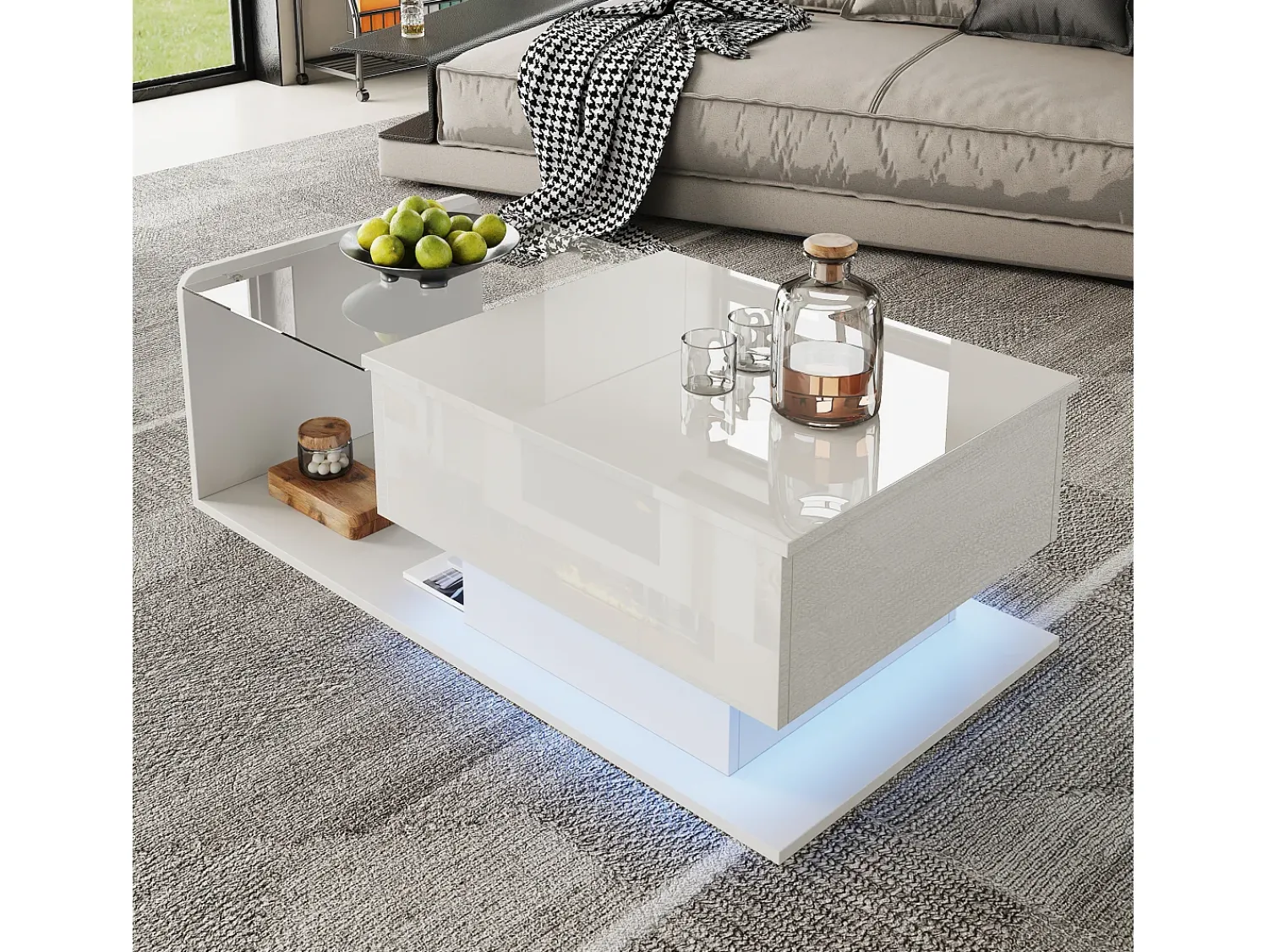 ModernLuxe Mesa de centro ajustável alto brilho 100×50×47,5 cm - Tampo de vidro - Iluminação LED - Painéis de partículas -^ Mesa De Centro