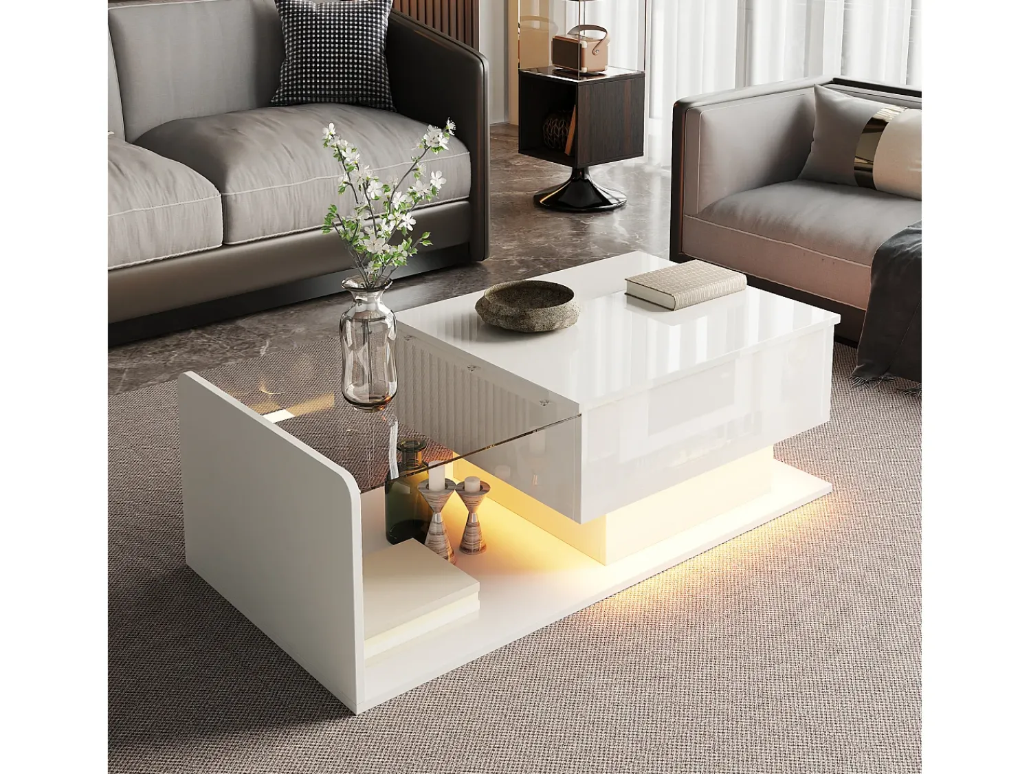 ModernLuxe Mesa de centro ajustável alto brilho 100×50×47,5 cm - Tampo de vidro - Iluminação LED - Painéis de partículas -^ Mesa De Centro