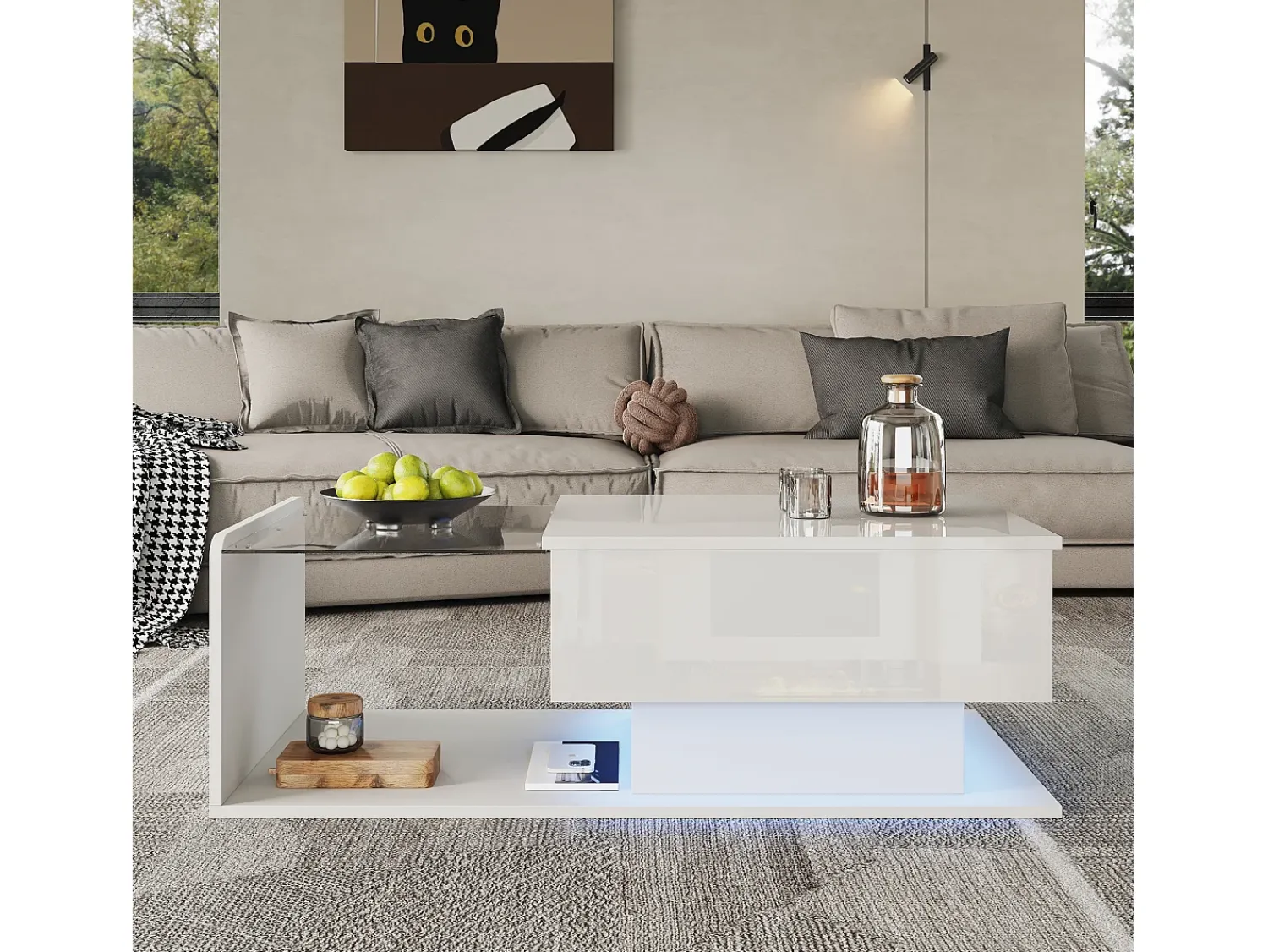 ModernLuxe Mesa de centro ajustável alto brilho 100×50×47,5 cm - Tampo de vidro - Iluminação LED - Painéis de partículas -^ Mesa De Centro