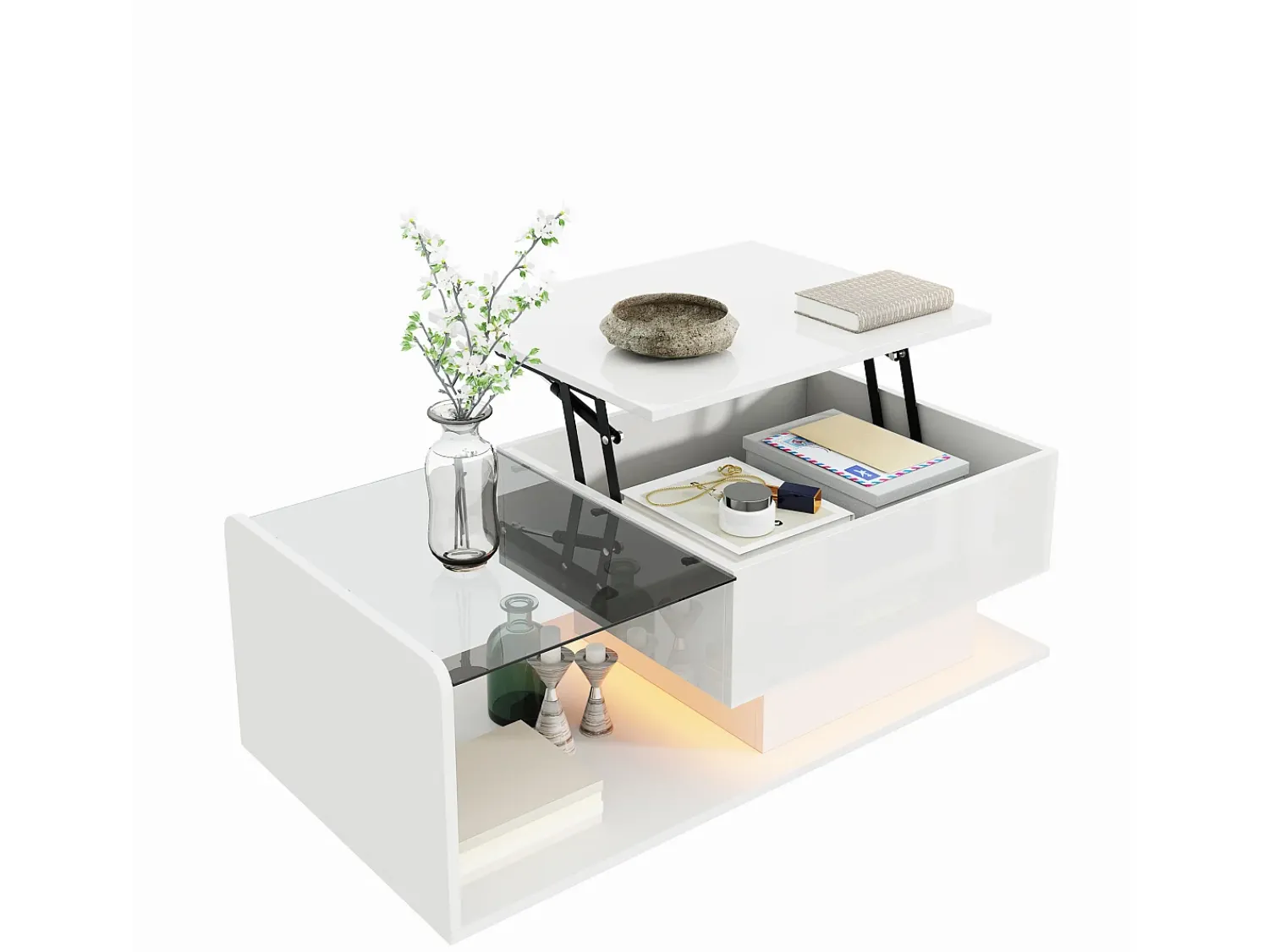 ModernLuxe Mesa de centro ajustável alto brilho 100×50×47,5 cm - Tampo de vidro - Iluminação LED - Painéis de partículas -^ Mesa De Centro