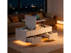Mesa De Centro*ModernLuxe Mesa de centro ajustável em altura 100x45x43 cm - Com 2 gavetas e iluminação LED - Superfície brilhante - Painéis de partículas - Branco