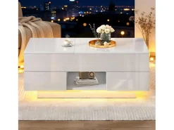 Mesa De Centro*ModernLuxe Mesa de centro ajustável em altura 100x45x43 cm - Com 2 gavetas e iluminação LED - Superfície brilhante - Painéis de partículas - Branco