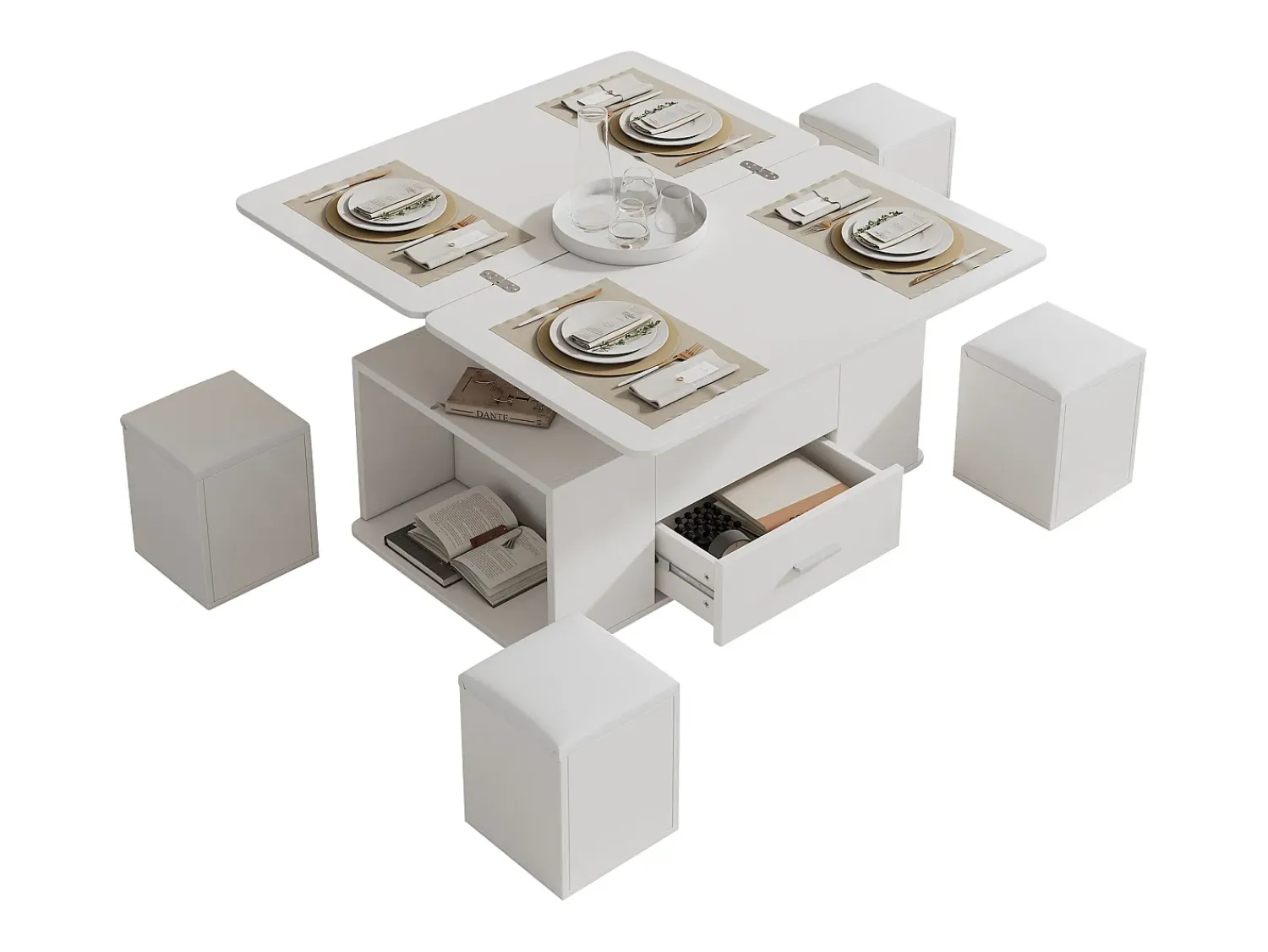 ModernLuxe Mesa de centro ajustável em altura 100x50x45cm - multifuncional 4 em 1 - com 1 gaveta - com 4 banquinhos - branca^ Mesa De Centro