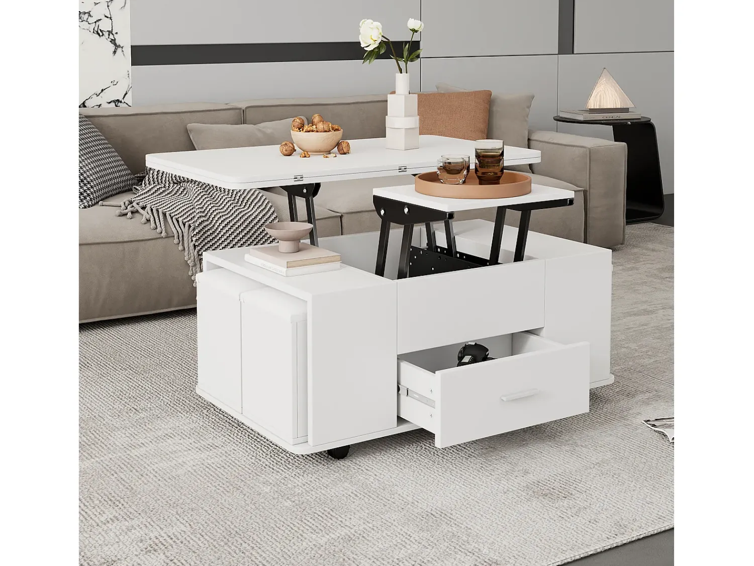 ModernLuxe Mesa de centro ajustável em altura 100x50x45cm - multifuncional 4 em 1 - com 1 gaveta - com 4 banquinhos - branca^ Mesa De Centro
