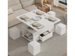 ModernLuxe Mesa de centro ajustável em altura 100x50x45cm - multifuncional 4 em 1 - com 1 gaveta - com 4 banquinhos - branca^ Mesa De Centro