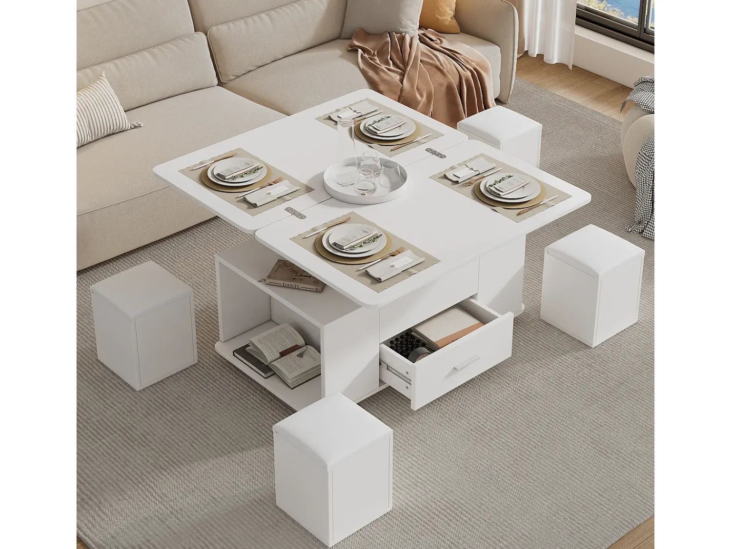 ModernLuxe Mesa de centro ajustável em altura 100x50x45cm - multifuncional 4 em 1 - com 1 gaveta - com 4 banquinhos - branca^ Mesa De Centro