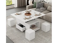 ModernLuxe Mesa de centro ajustável em altura 100x50x45cm - multifuncional 4 em 1 - com 1 gaveta - com 4 banquinhos - branca^ Mesa De Centro