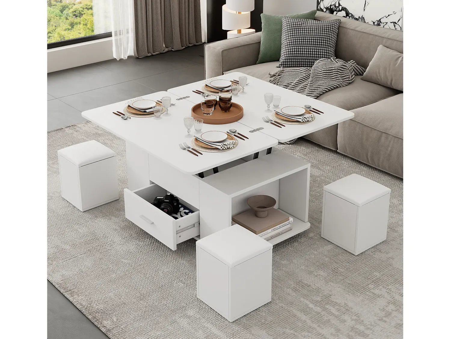ModernLuxe Mesa de centro ajustável em altura 100x50x45cm - multifuncional 4 em 1 - com 1 gaveta - com 4 banquinhos - branca^ Mesa De Centro
