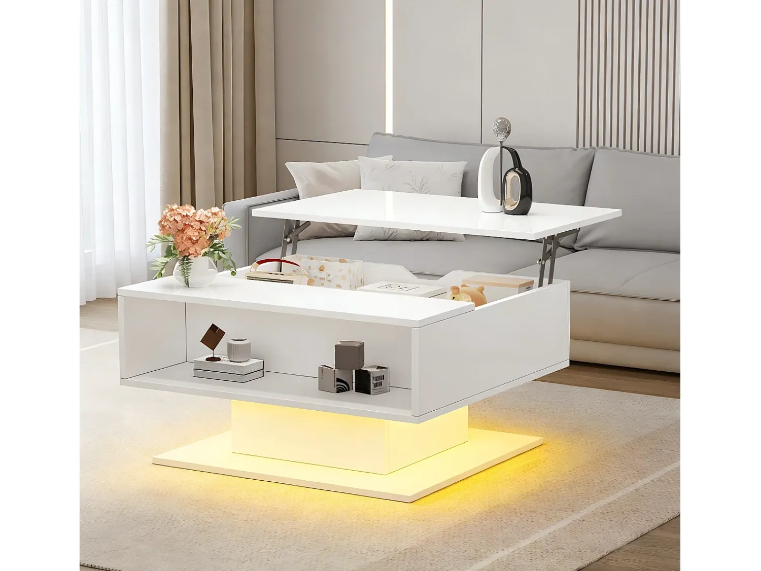 ModernLuxe Mesa de centro ajustável em altura 80x77x40 cm - Design de alto brilho - Com iluminação LED - Armazenamento semiaberto -^ Mesa De Centro
