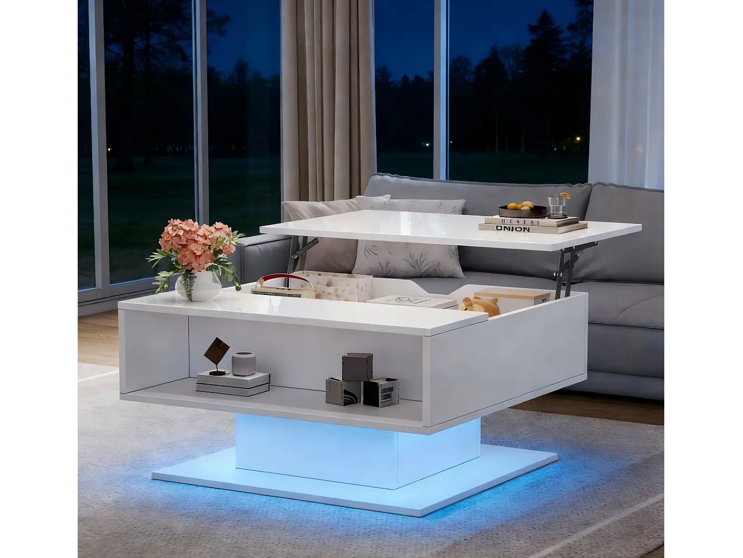 ModernLuxe Mesa de centro ajustável em altura 80x77x40 cm - Design de alto brilho - Com iluminação LED - Armazenamento semiaberto -^ Mesa De Centro
