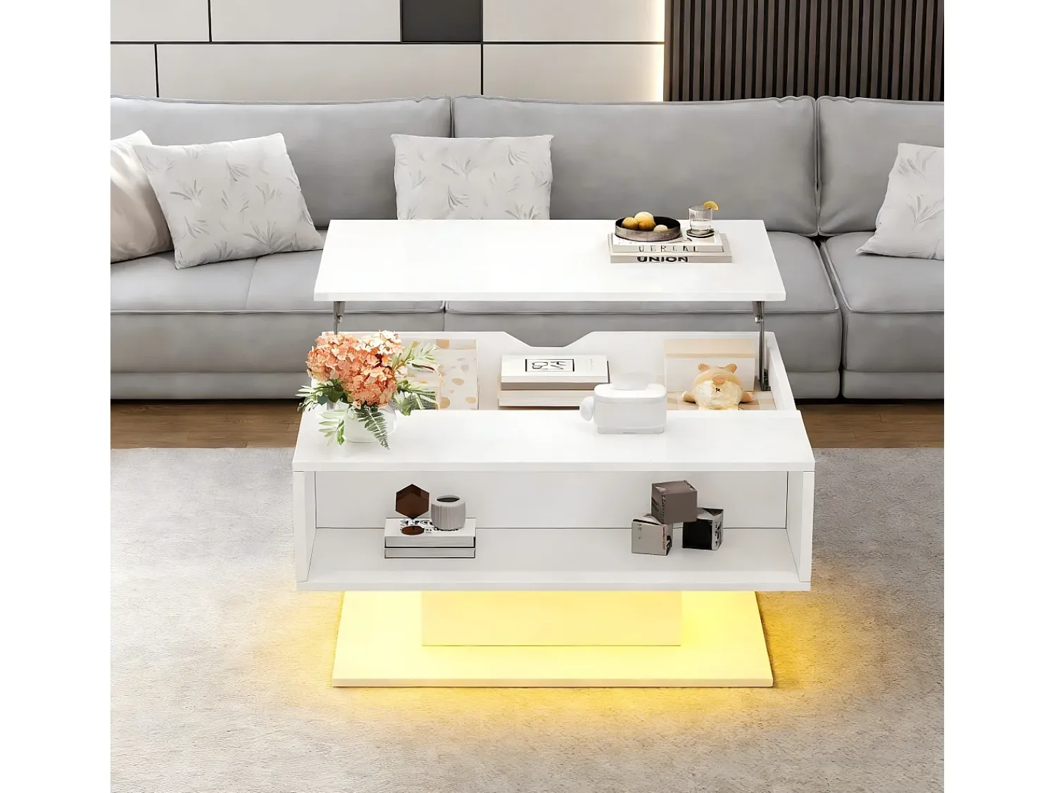 ModernLuxe Mesa de centro ajustável em altura 80x77x40 cm - Design de alto brilho - Com iluminação LED - Armazenamento semiaberto -^ Mesa De Centro