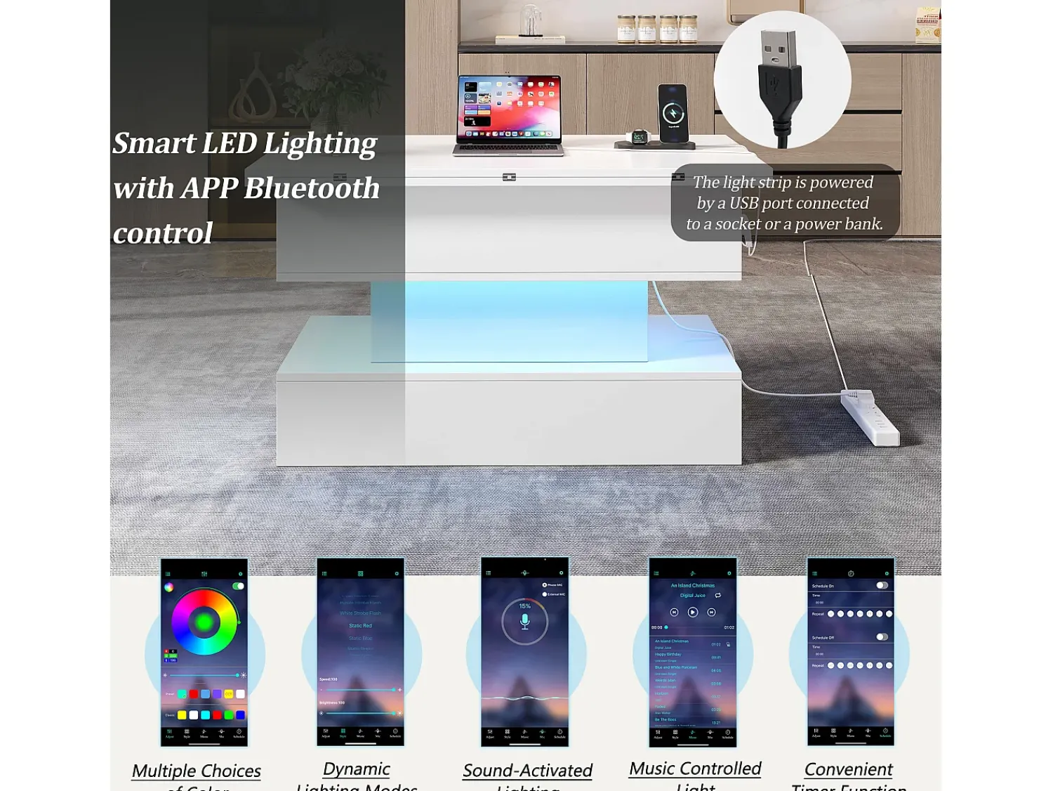 Best ModernLuxe Mesa de centro ajustável em altura 100x50x51,5 cm - com portas USB e Type-C - com iluminação LED - Branco