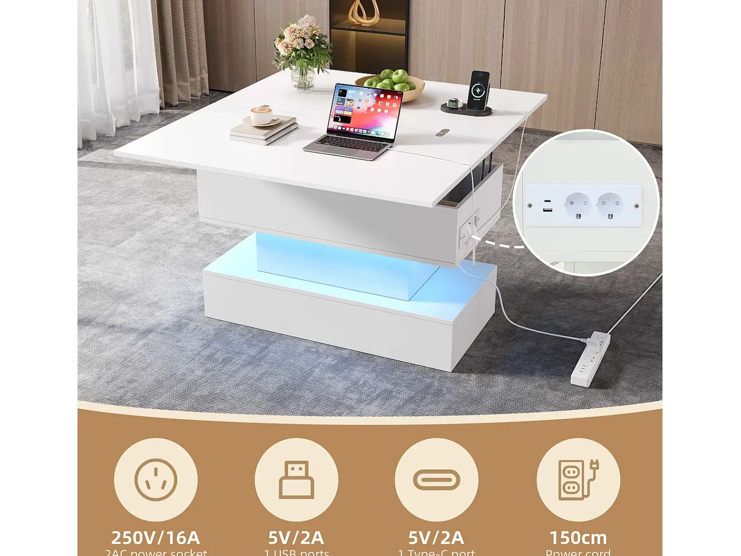 Best ModernLuxe Mesa de centro ajustável em altura 100x50x51,5 cm - com portas USB e Type-C - com iluminação LED - Branco