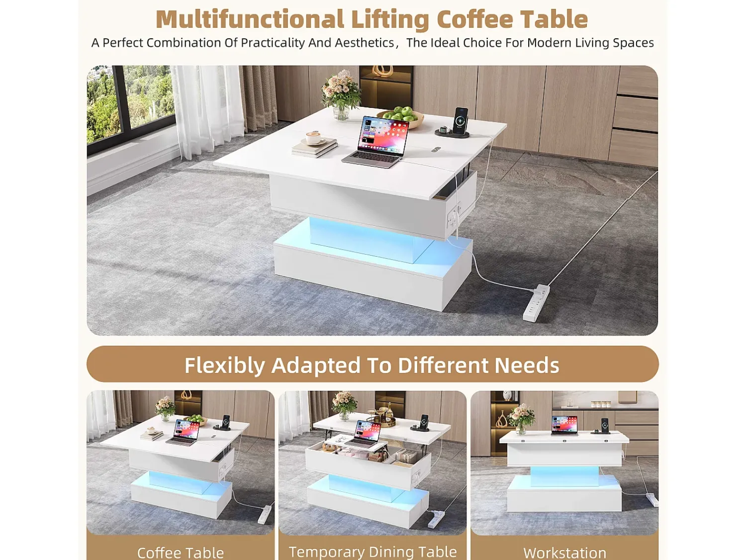 Best ModernLuxe Mesa de centro ajustável em altura 100x50x51,5 cm - com portas USB e Type-C - com iluminação LED - Branco