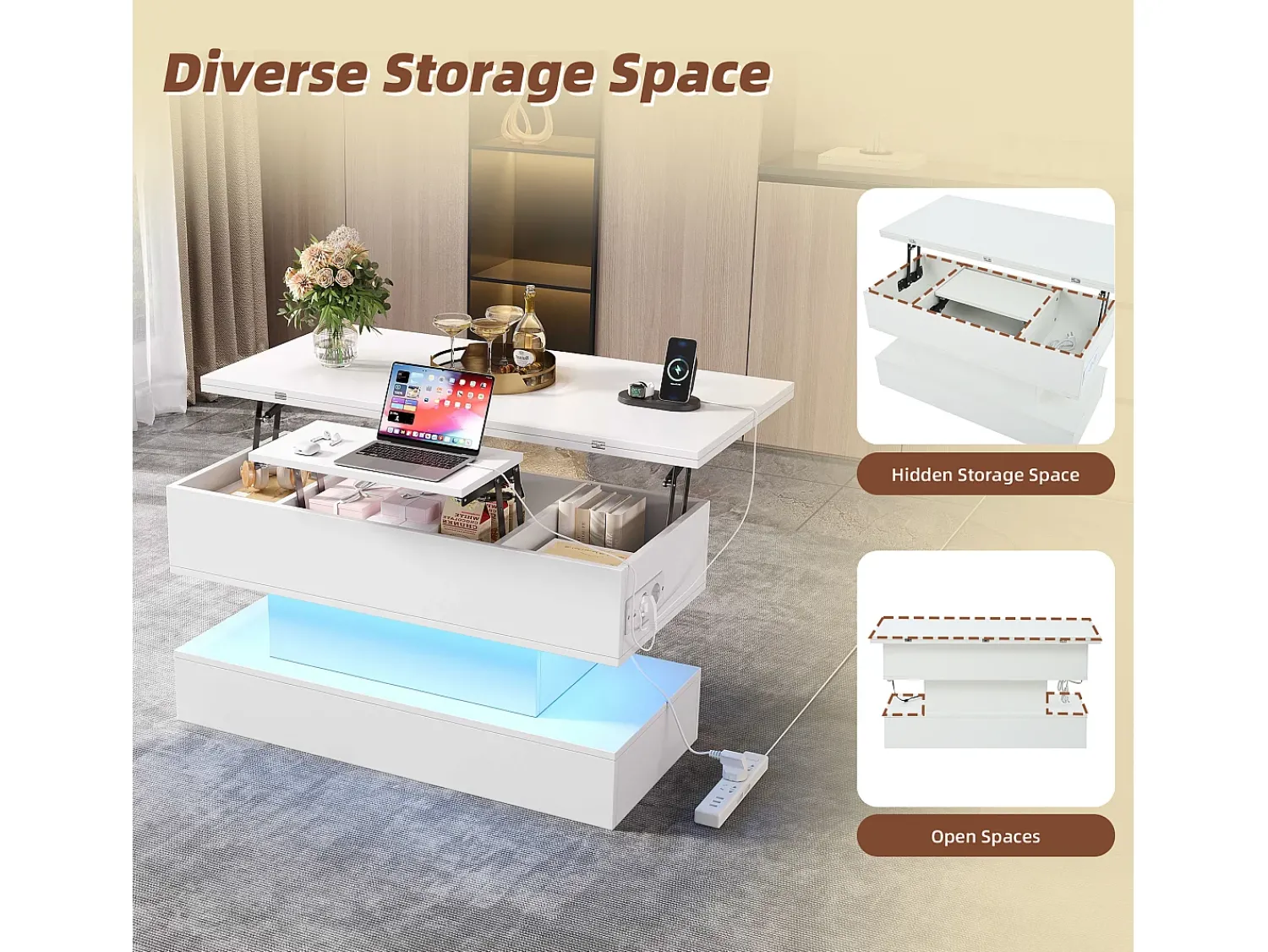 Best ModernLuxe Mesa de centro ajustável em altura 100x50x51,5 cm - com portas USB e Type-C - com iluminação LED - Branco