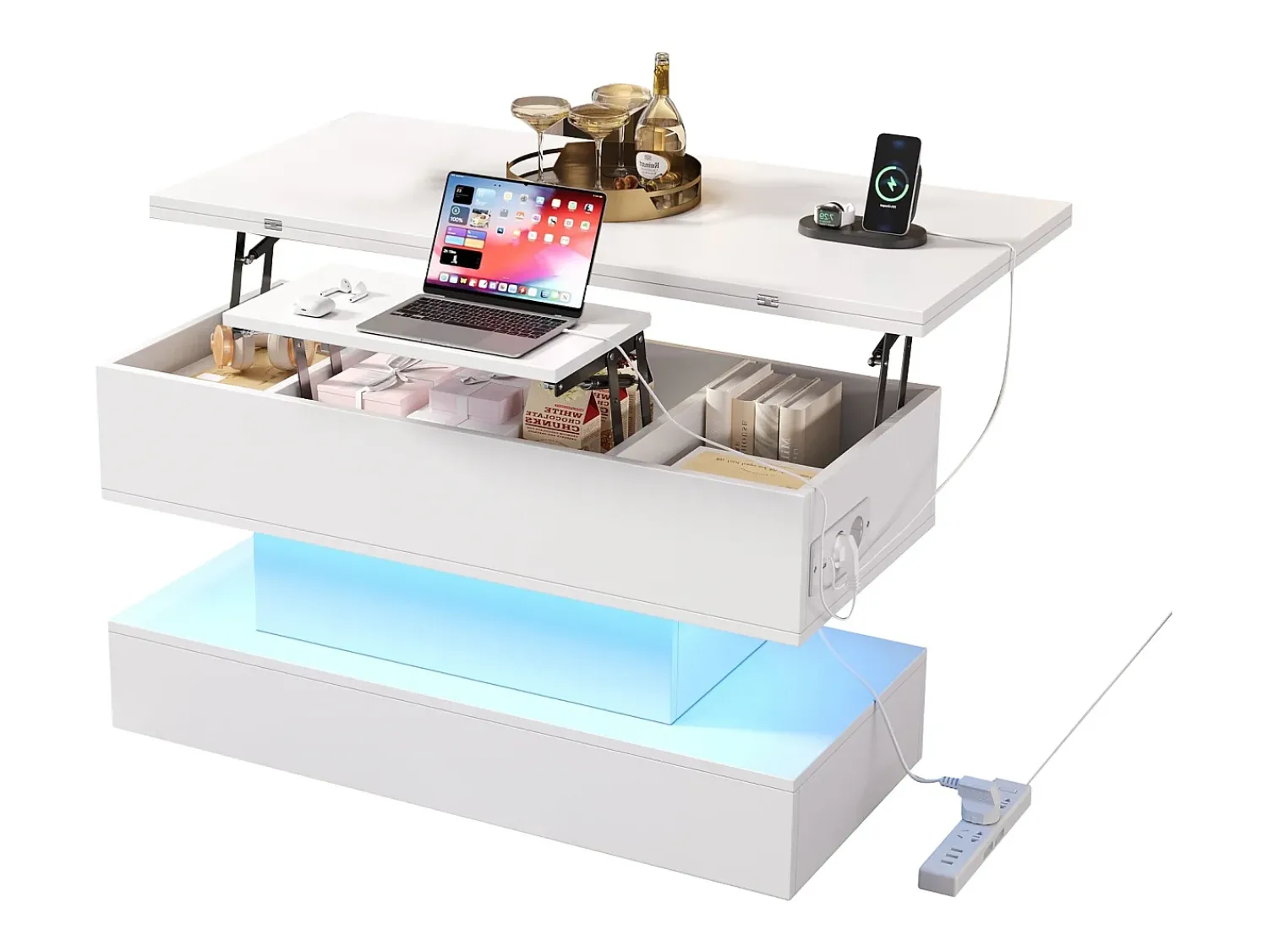 Best ModernLuxe Mesa de centro ajustável em altura 100x50x51,5 cm - com portas USB e Type-C - com iluminação LED - Branco