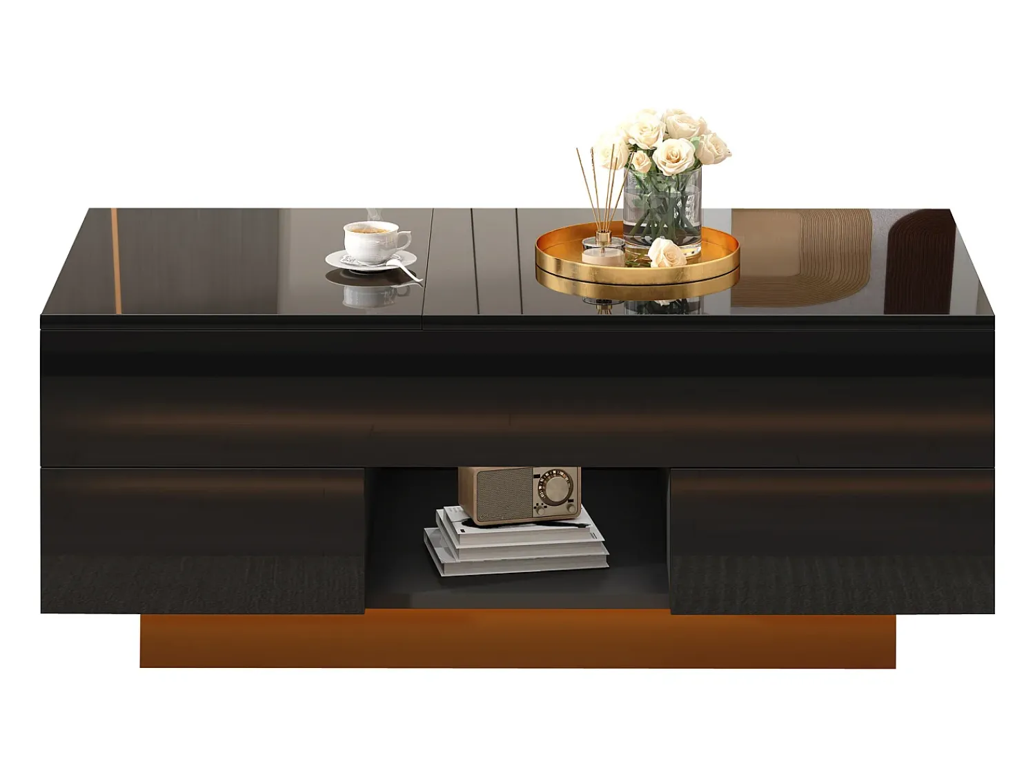 ModernLuxe Mesa de centro ajustável em altura 100x45x43 cm - Com 2 gavetas e iluminação LED - Superfície brilhante - Painéis de partículas - Preto