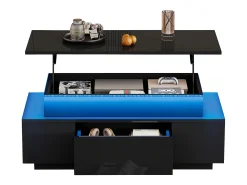 Mesa De Centro|ModernLuxe Mesa de centro ajustável em altura 96x45x40cm - com armazenamento oculto - com 1 gaveta - com iluminação LED - preta Preto