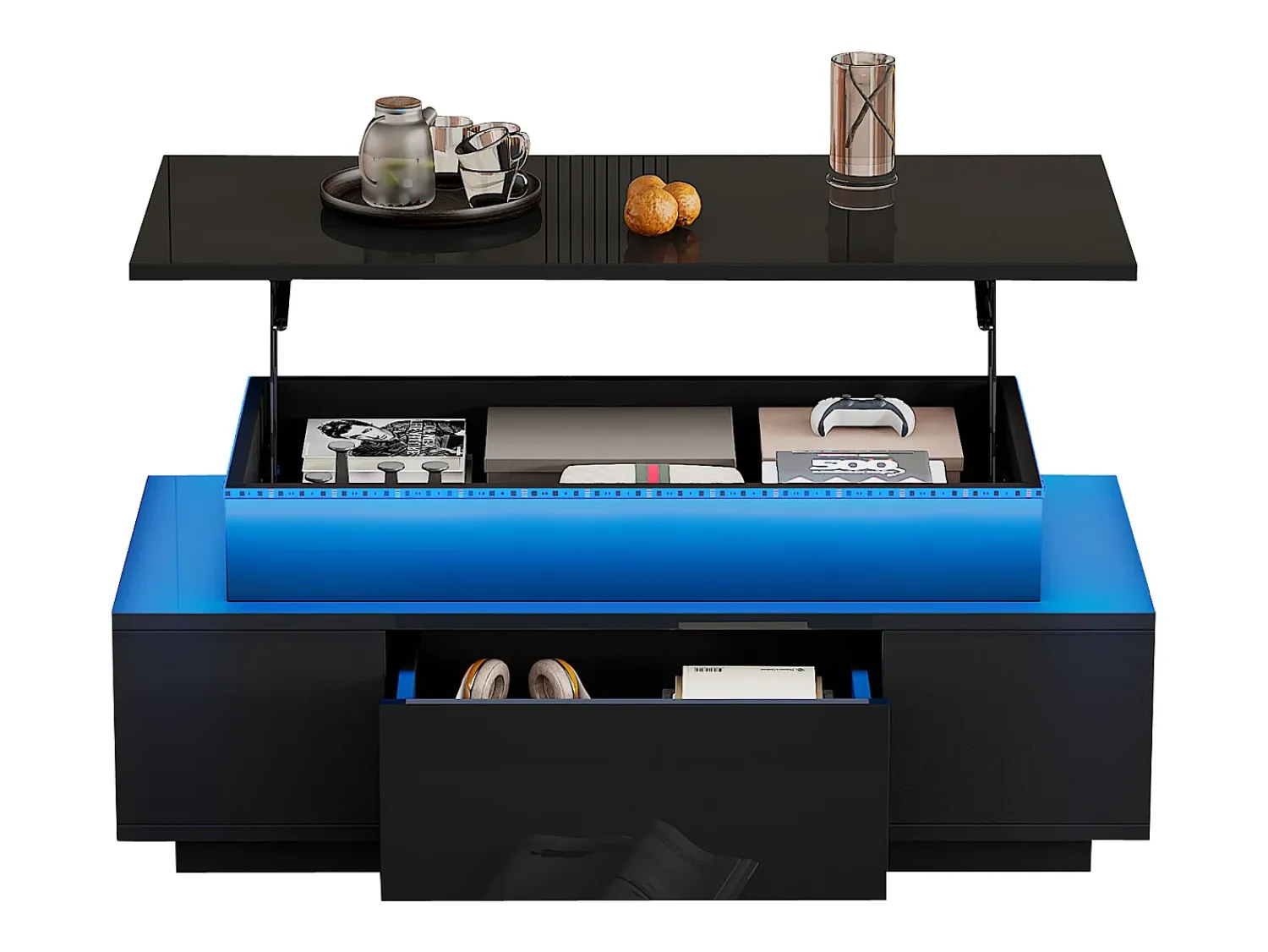 Mesa De Centro|ModernLuxe Mesa de centro ajustável em altura 96x45x40cm - com armazenamento oculto - com 1 gaveta - com iluminação LED - preta Preto