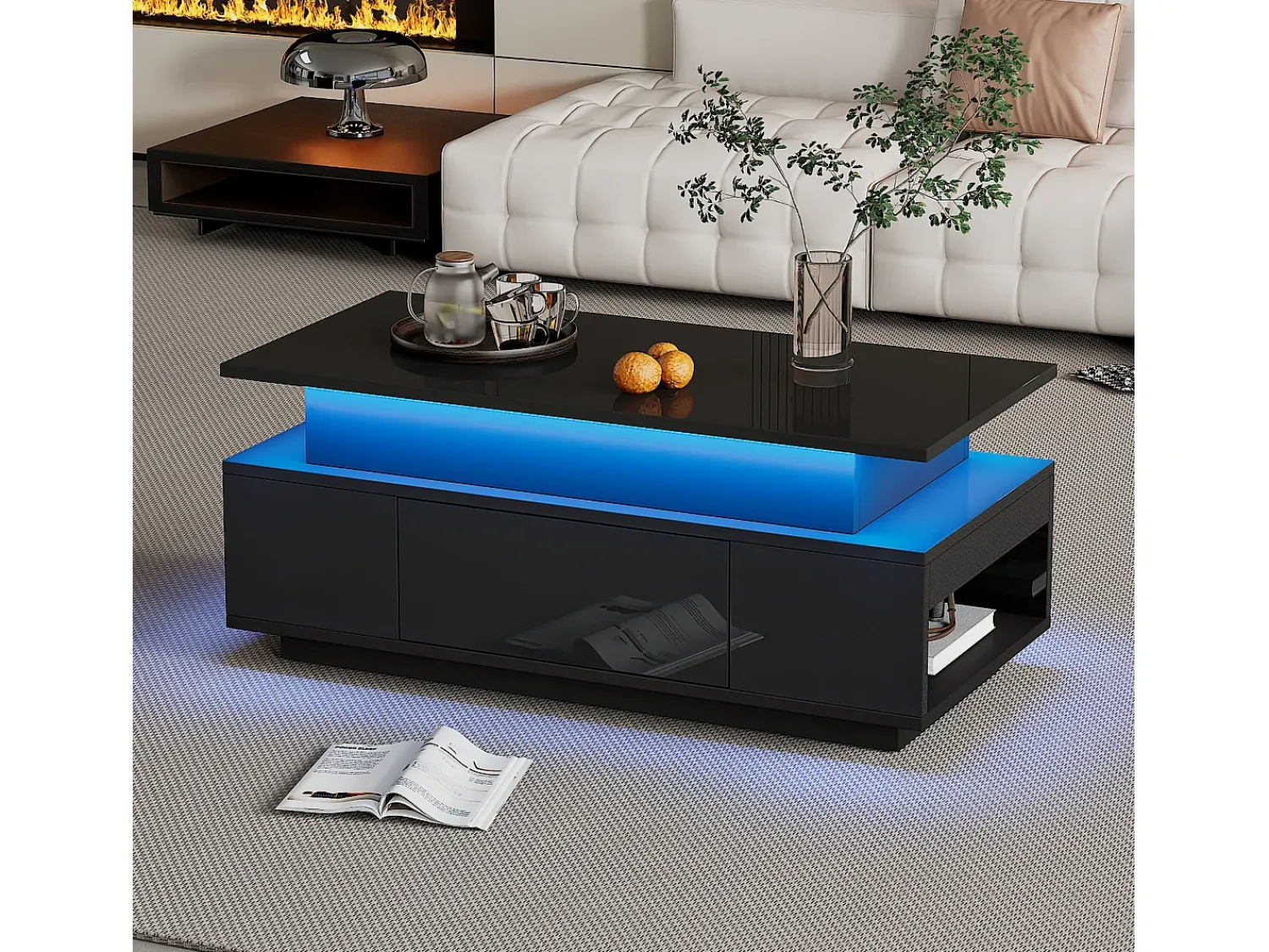 Mesa De Centro|ModernLuxe Mesa de centro ajustável em altura 96x45x40cm - com armazenamento oculto - com 1 gaveta - com iluminação LED - preta Preto