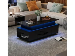 Mesa De Centro|ModernLuxe Mesa de centro ajustável em altura 96x45x40cm - com armazenamento oculto - com 1 gaveta - com iluminação LED - preta Preto