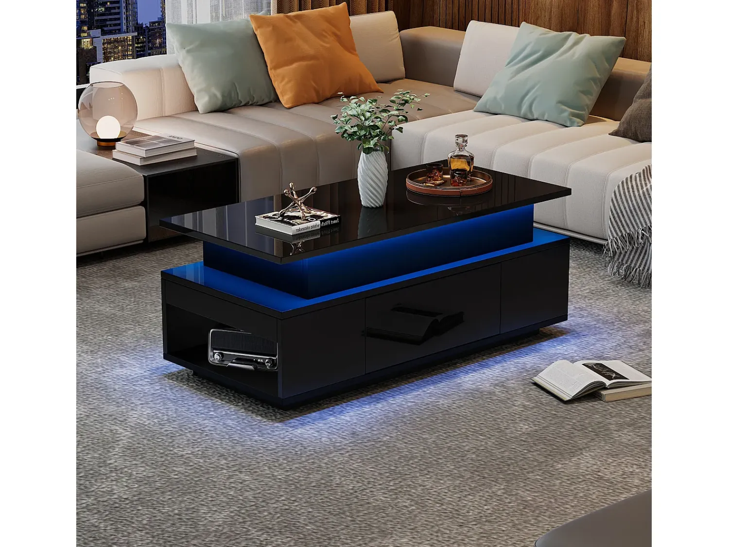Mesa De Centro|ModernLuxe Mesa de centro ajustável em altura 96x45x40cm - com armazenamento oculto - com 1 gaveta - com iluminação LED - preta Preto
