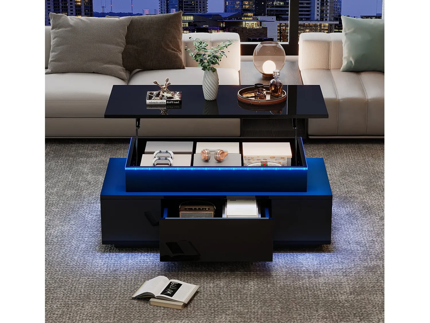 Mesa De Centro|ModernLuxe Mesa de centro ajustável em altura 96x45x40cm - com armazenamento oculto - com 1 gaveta - com iluminação LED - preta Preto