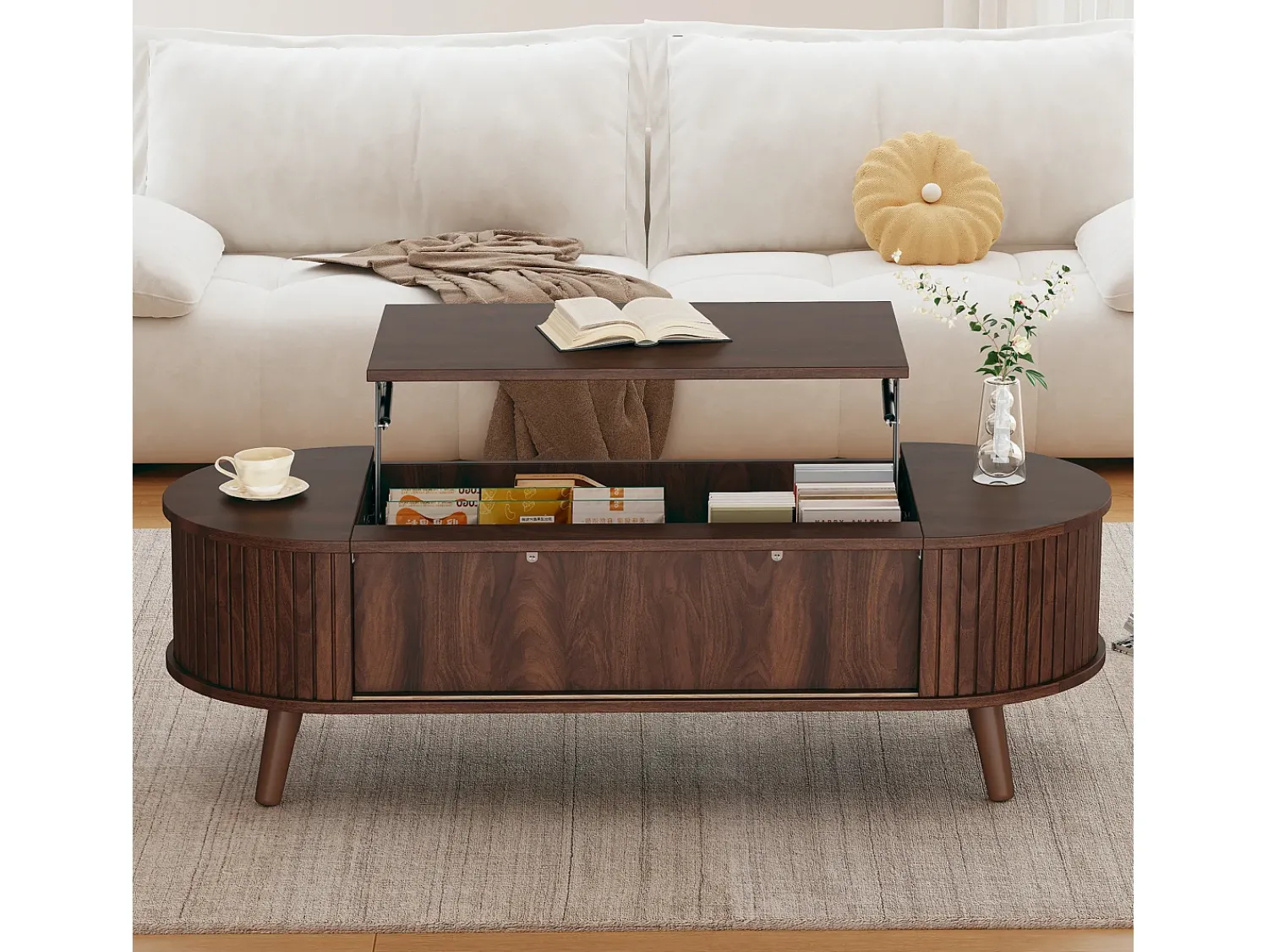 Clearance ModernLuxe Mesa de centro ajustável em altura 120x50x39,5 cm - 2 portas - Armazenamento oculto - Pés de madeira maciça - Marrom Castanho