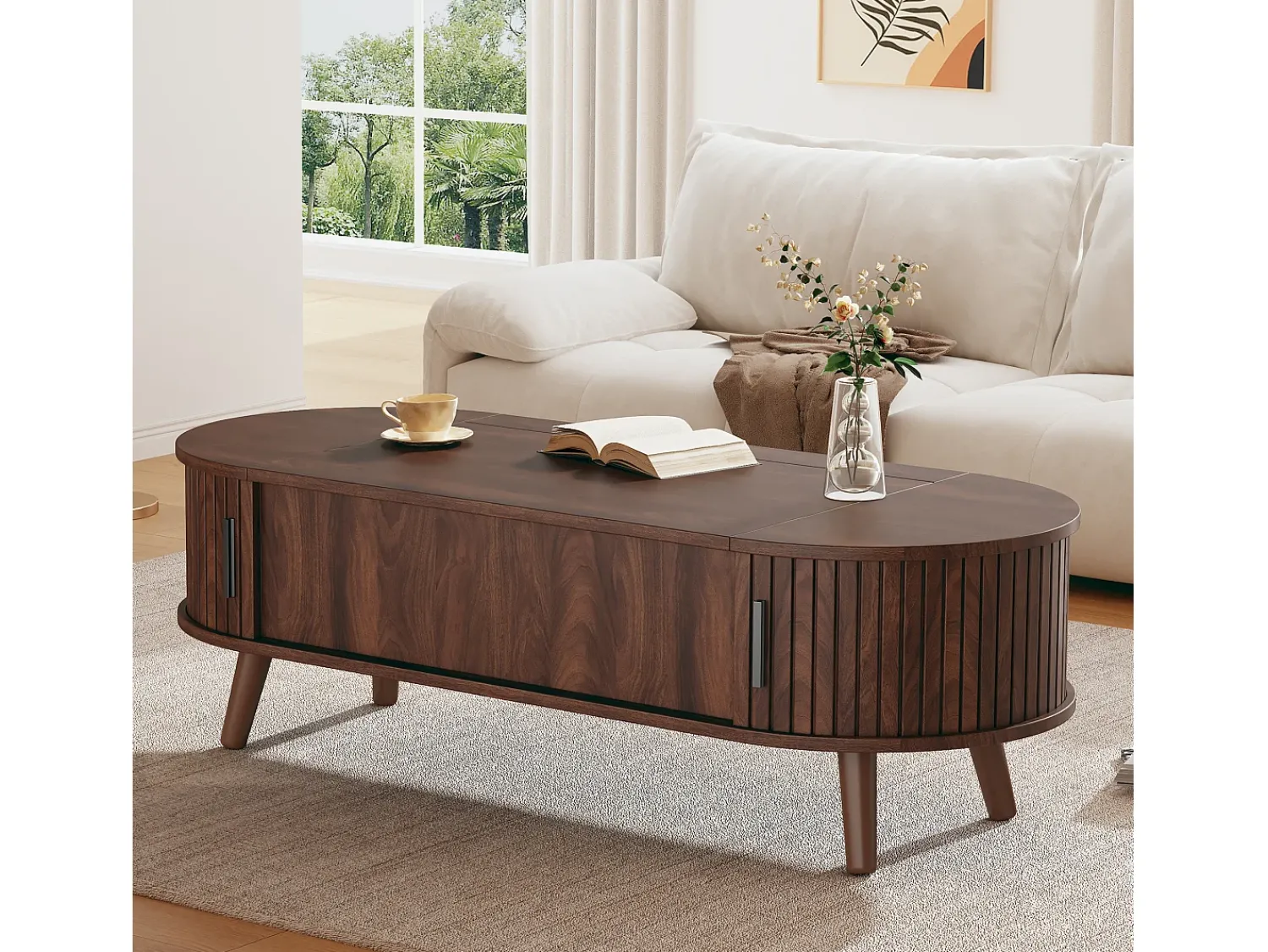 Clearance ModernLuxe Mesa de centro ajustável em altura 120x50x39,5 cm - 2 portas - Armazenamento oculto - Pés de madeira maciça - Marrom Castanho