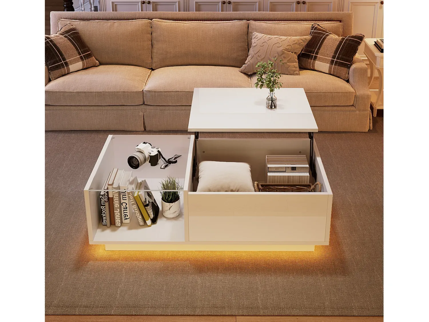 ModernLuxe Mesa de centro alto brilho - altura ajustável - com armazenamento + prateleiras -^ Mesa De Centro