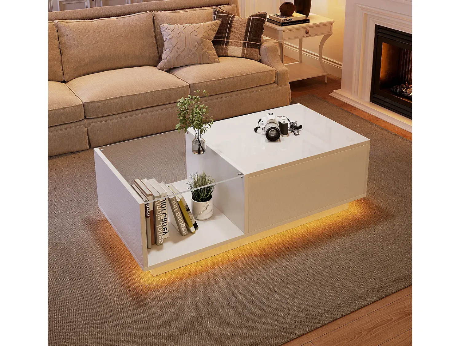ModernLuxe Mesa de centro alto brilho - altura ajustável - com armazenamento + prateleiras -^ Mesa De Centro
