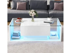 ModernLuxe Mesa de centro alto brilho 100x50x31 cm - 1 gaveta - com iluminação LED - Vidro temperado -^ Mesa De Centro