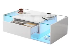 ModernLuxe Mesa de centro alto brilho 100x50x31 cm - 1 gaveta - com iluminação LED - Vidro temperado -^ Mesa De Centro