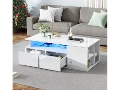ModernLuxe Mesa de centro alto brilho 100×50×35 cm - com iluminação LED - 2 gavetas - 3 compartimentos -^ Mesa De Centro