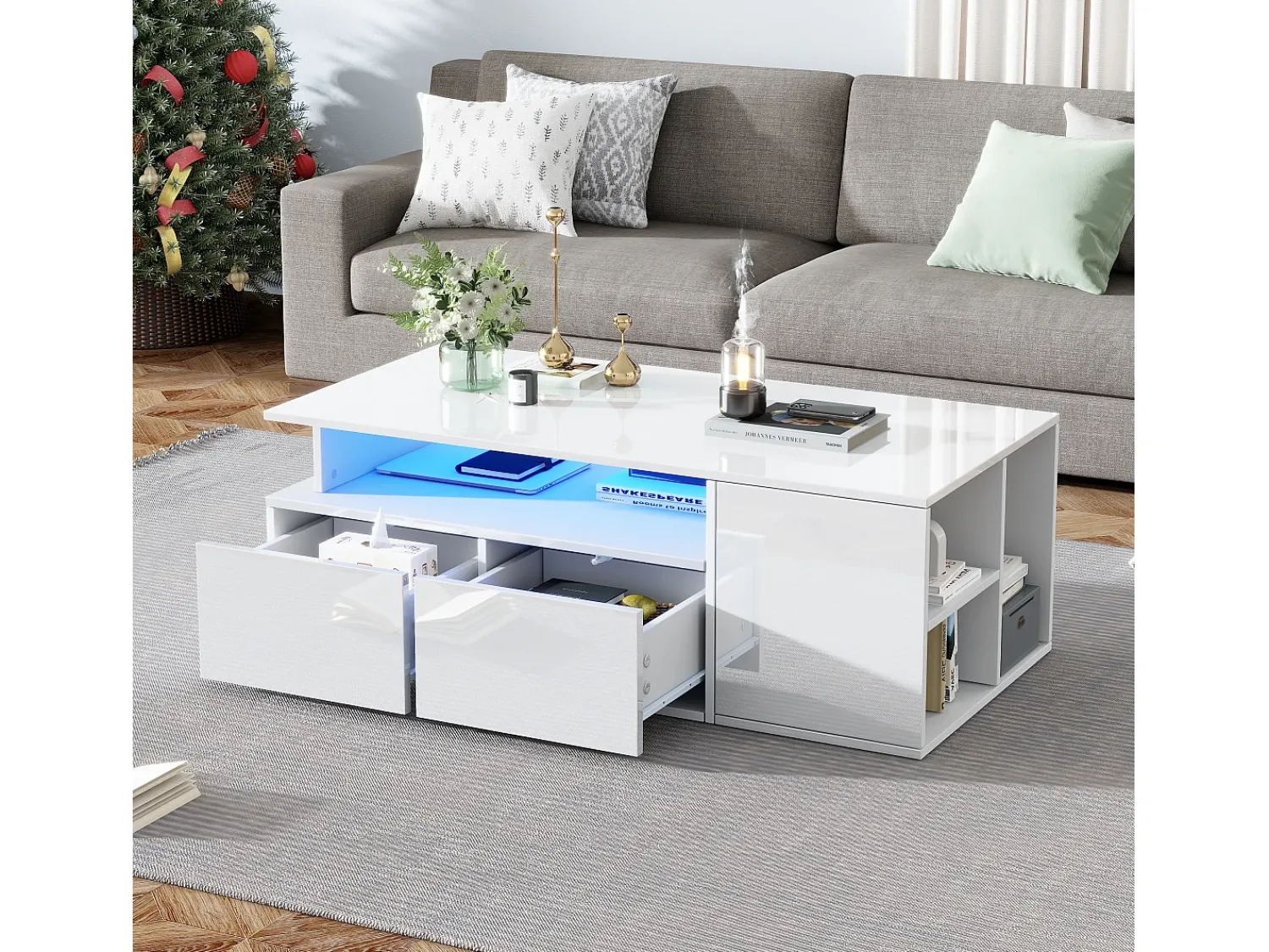 ModernLuxe Mesa de centro alto brilho 100×50×35 cm - com iluminação LED - 2 gavetas - 3 compartimentos -^ Mesa De Centro
