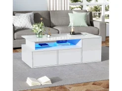 ModernLuxe Mesa de centro alto brilho 100×50×35 cm - com iluminação LED - 2 gavetas - 3 compartimentos -^ Mesa De Centro