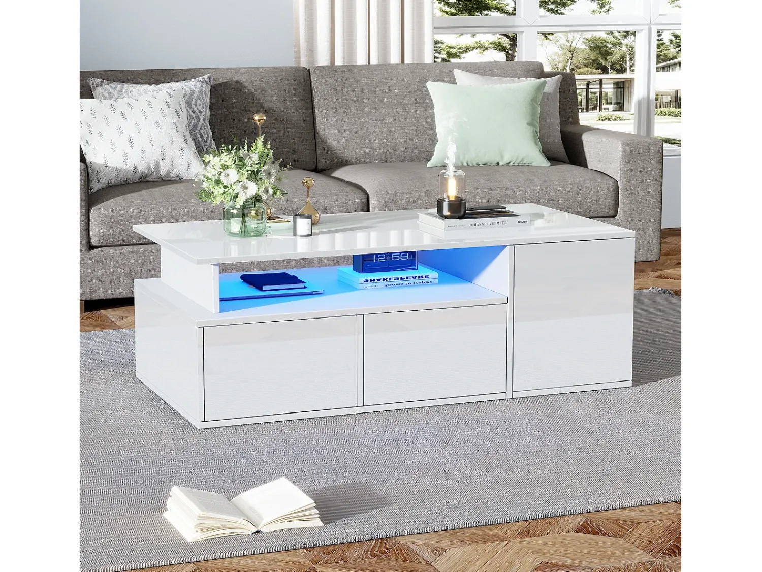 ModernLuxe Mesa de centro alto brilho 100×50×35 cm - com iluminação LED - 2 gavetas - 3 compartimentos -^ Mesa De Centro