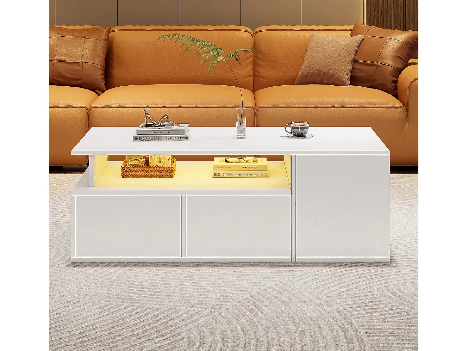 ModernLuxe Mesa de centro alto brilho 100×50×35 cm - com iluminação LED - 2 gavetas - 3 compartimentos -^ Mesa De Centro