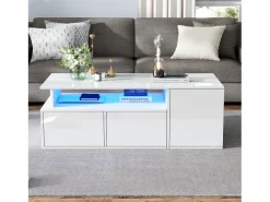 ModernLuxe Mesa de centro alto brilho 100×50×35 cm - com iluminação LED - 2 gavetas - 3 compartimentos -^ Mesa De Centro