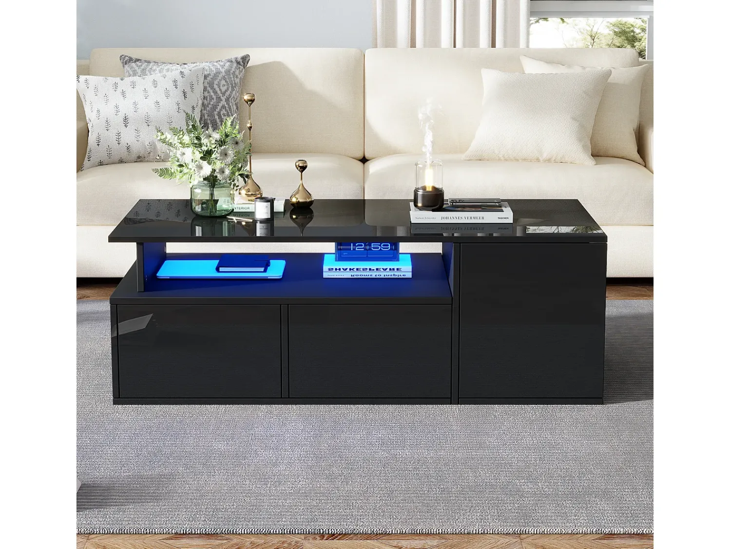 Mesa De Centro|ModernLuxe Mesa de centro alto brilho 100×50×35 cm - com iluminação LED - 2 gavetas - 3 compartimentos - Preto