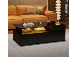 Mesa De Centro|ModernLuxe Mesa de centro alto brilho 100×50×35 cm - com iluminação LED - 2 gavetas - 3 compartimentos - Preto
